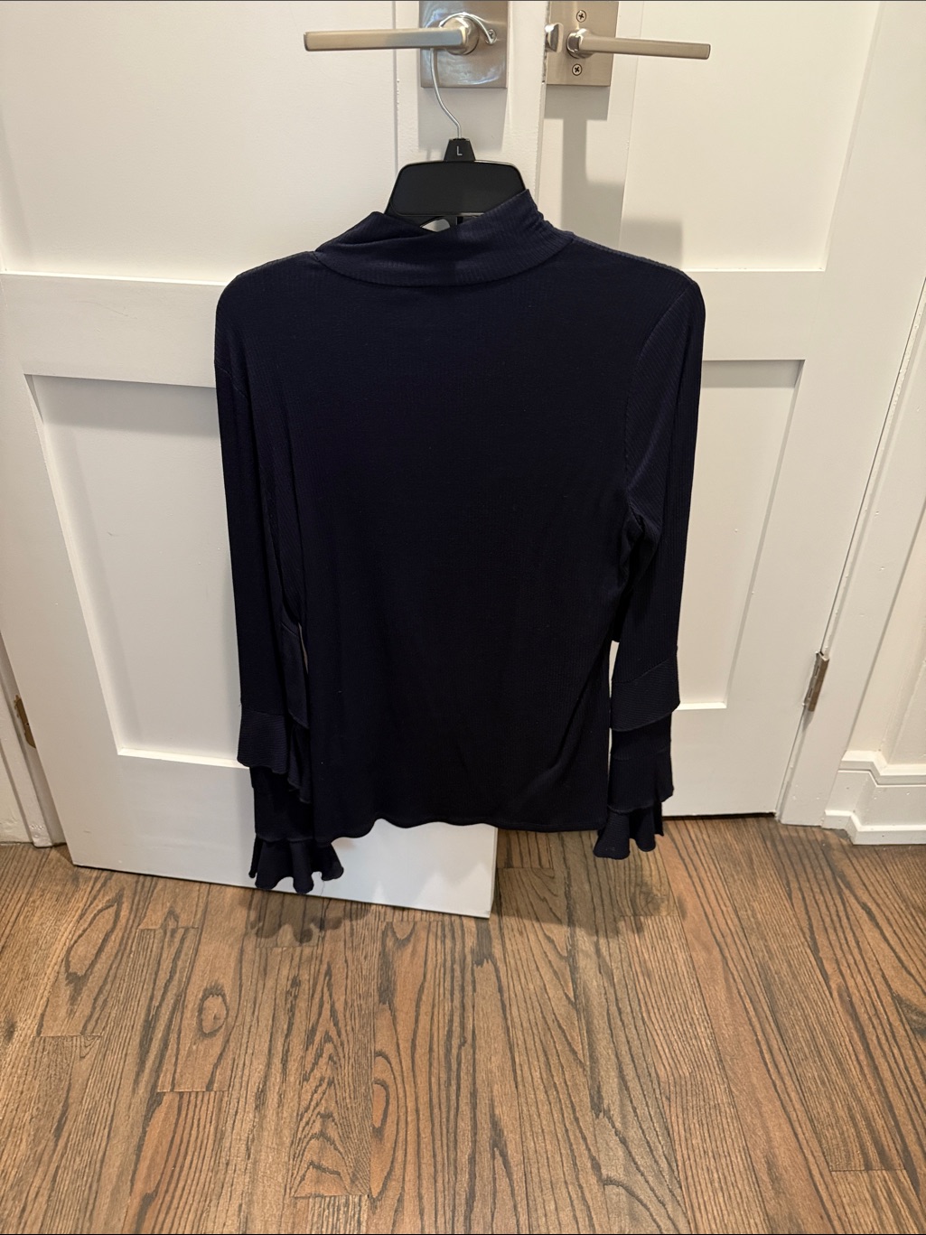 1. State Navy Mock Neck Top With Layered Ruffle Cuffs